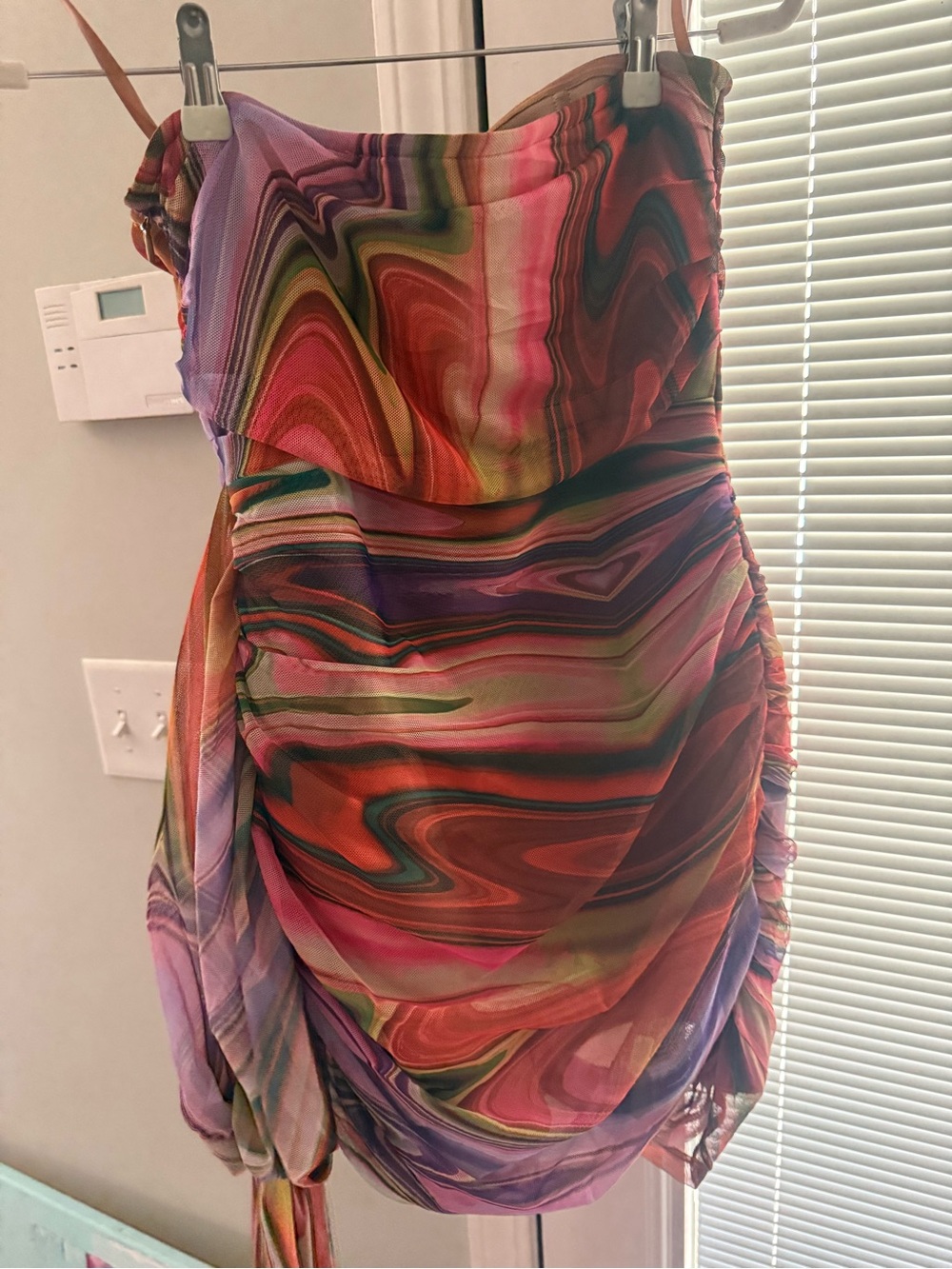 Elliatt Swirl-Print Ruched Mini Dress in Pink, Purple, Green and Orange